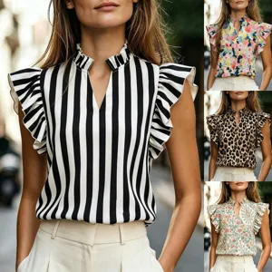 Femme Été Casual Volants Sans Manches Chemisier Col V Rayé Imprimé Floral Haut Chic