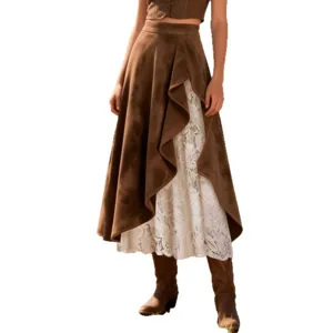 Vintage Western Stil braune Wildleder und weisse Spitzen Patchwork unregelmässiger Maxirock.