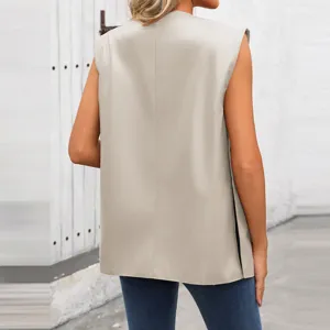 Chaleco sin mangas de cuero PU para mujer chaqueta casual detalle de espalda moda.