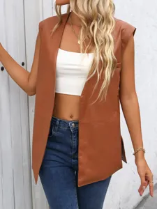 Elegante chaleco sin mangas de piel sintética marrón para mujer con cuello en V y estilo.