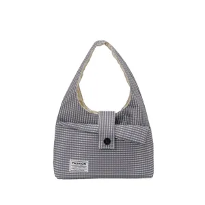 Grey plaid shoulder bag for women, casual tote handbag with button closure and front pocket.