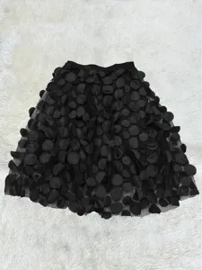 Black mesh midi skirt featuring stylish 3D polka dot details and high waist design for women.