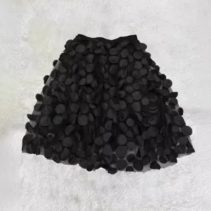 Black 3D polka dot mesh midi skirt women high waist elegant flared umbrella skirt trendy