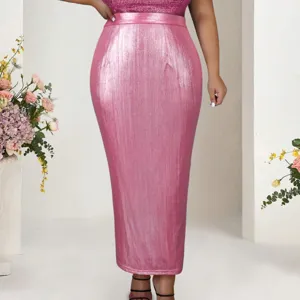 Women Metallic Shiny High Waist Bodycon Midi Skirt Sexy Slim Fit Slit Pencil Skirt For Party Club Elegant Polyester Pink Skirt