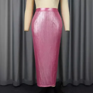 Metallic pink high waist pencil midi skirt, shiny party club wear bodycon fitted skirt.