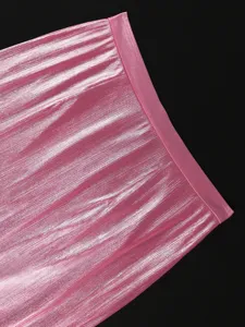 Close-up detail of the pink metallic shiny high-waist bodycon skirt fabric and waistband.