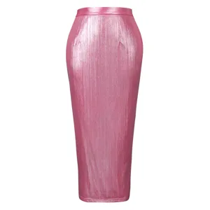 Close-up detail shot of shiny metallic pink high-waisted midi pencil skirt fabric texture.