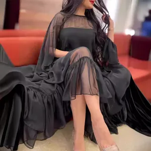 Black mesh long sleeve evening dress elegant women maxi cape gown formal party wear fashion