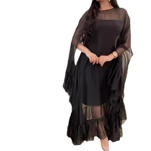 Black sheer mesh cape evening dress for women, sexy long sleeve overlay maxi party gown.