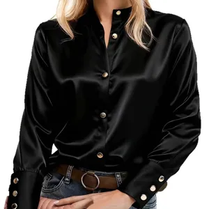 Elegant black satin long sleeve blouse featuring stand collar and chic gold buttons for women.