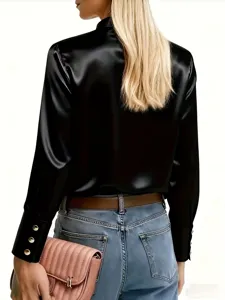 Women's black satin long sleeve stand collar shirt casual stylish autumn winter top