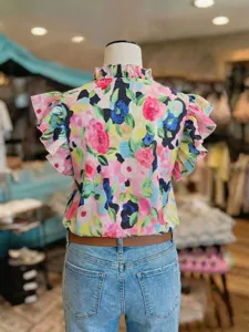 Femme chemisier sans manches col volanté imprimé floral vintage haut chic été tenue jean