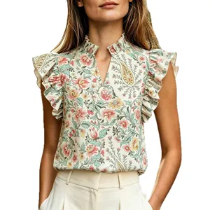 Chemisier sans manches rétro à fleurs pour femme avec col volanté et col en V chic.