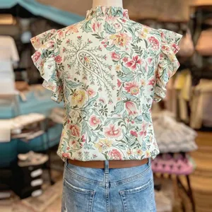 Blouse sans manches col montant à volants imprimé floral vintage haut élégant femme.