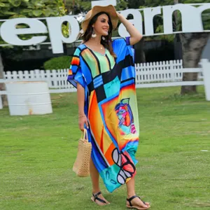 Women bohemian floral print beach kaftan maxi dress summer vacation swimwear cover up