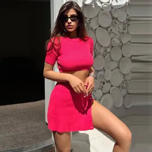Conjunto de Top And Bottom para Mujer de Punto Acanalado Falda Mini Ajustada Verano Sexy Botón Abertura Crop Top Slim Outfits