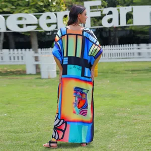 Colorful geometric print beach caftan cover-up, long resort dress for women summer.