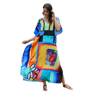 Colorful abstract art print kaftan beach cover up V-neck loose maxi dress vacation resort wear