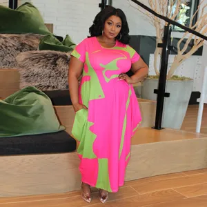 Plus size short sleeve round neck abstract print irregular long dress for women casual wear.