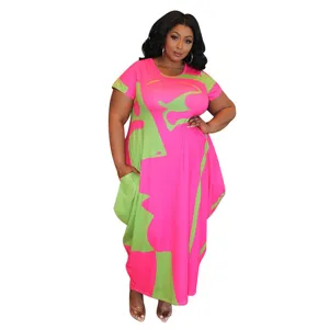 Plus size abstract print short sleeve pocket dress detail view showing fabric pattern