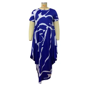 Detail of blue and white abstract print short sleeve irregular hem plus size maxi dress.