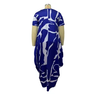 Plus size blue white abstract print short sleeve irregular hem dress back detail view.