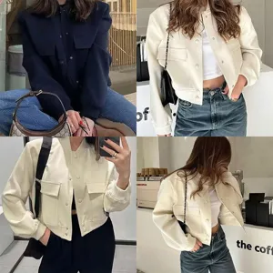 Women solid color single-breasted short jacket casual loose fashion commuter outerwear.