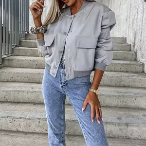 Detailed view of the stylish casual grey bomber jacket with single-breasted buttons and pockets.