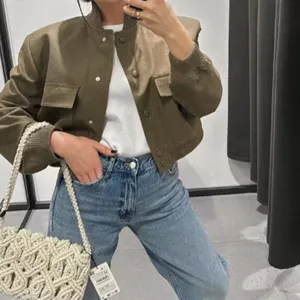 Casual khaki crop jacket women stylish single-breasted outerwear daily commute wear