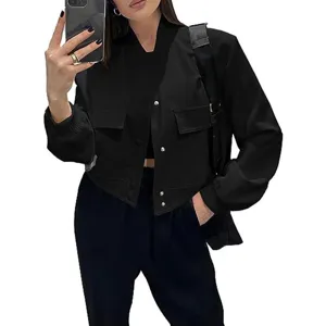 Casual black cropped bomber jacket with button closure and stylish pockets for women.