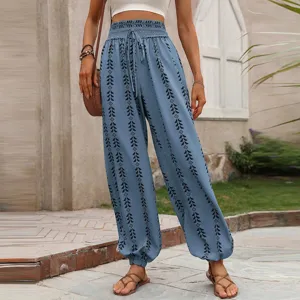 Vrouwen hoge taille geprinte harembroek casual losse boho broek met trekkoord en boorden.
