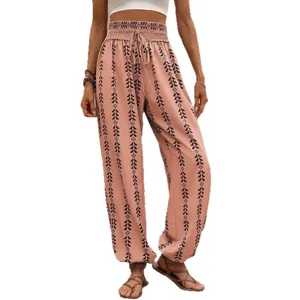 Vrouwen hoge taille boho print trekkoord harem broek casual losse wijde pijpen stijl
