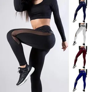 Women Sexy Mesh PU Leather Patchwork Yoga Pants High Waist Booty Lifting Leggings Breathable Sporty Casual Bottom Trousers