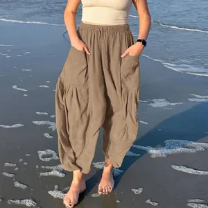 Γυναικείο Casual Βαμβακερό Λινό Παντελόνι με Ίσιο Μπατζάκι Ελαστική Μέση Παντελόνι με Φαρδύ Μπατζάκι Με Τσεπάκια Πλισέ Καλοκαιρινά Ρούχα Παραλίας