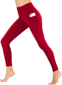 High waist red yoga pants with side pockets, stretchy fitness leggings for women training.