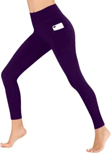 Detail view of high waist purple yoga pants featuring a convenient side phone pocket design.