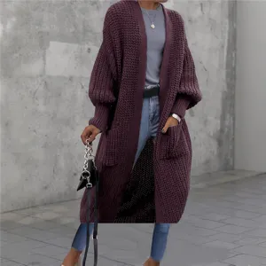 Damen Übergröße Strickjacke Lang Strickpullover Lose Laternenärmel Offene Front Einfarbig Strickwaren Jacke Mit Taschen Casual Top
