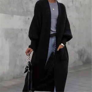 Damen schwarz lang Strickjacke Oversize Laternenärmel Pullover lässig Herbst Winter Mantel