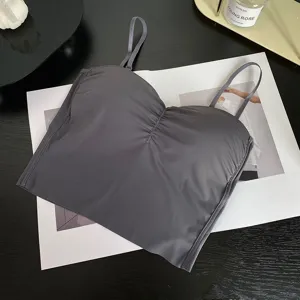 Dark grey iced silk camisole with built-in chest pads, elegant ruched design for daily wear.