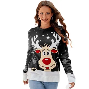 Pull de Noel Femme Hiver Chaud Manches Longues Motif Renne Tricot Top Mode Chic