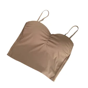 Detail shot of ice silk camisole bra top, adjustable thin straps, ruched front design.