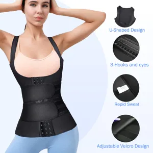 Women neoprene waist trainer vest with double belt and hooks for slimming and sweat workout.