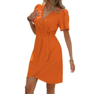 Orange short sleeve wrap dress, elegant v-neck waist-cinching summer vacation A-line outfit.