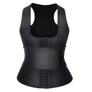 Women black waist trainer sweat vest double belt hook tummy control neoprene body shaper top
