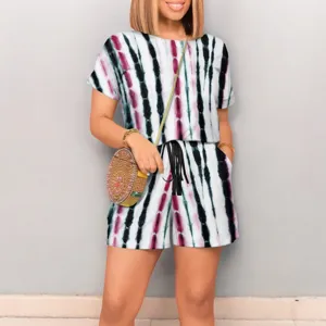 Tie-dye short sleeve top and shorts set for women, casual summer two-piece outfit.