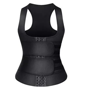 Close-up detail of women waist trainer vest featuring double adjustable belts and front hooks.
