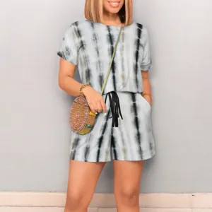 Women tie dye short sleeve crewneck top and shorts set casual summer fashion lounge wear outfit