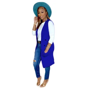 Women stylish long woolen vest open front sleeveless cardigan jacket casual outerwear.