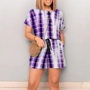 Detail view of the purple tie-dye short sleeve top and drawstring shorts outfit set.