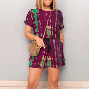 Tie-dye short sleeve romper detail, casual summer wear, women's fashion shorts set.